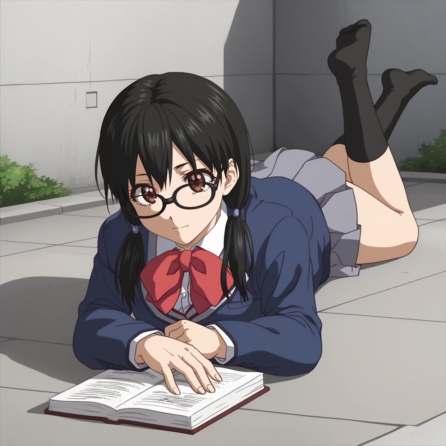 <lora:AkariHizenXLpony001>,
solo,
AkariHizen,1girl,black hair,low twintails,brown eyes,eyewear,
school_uniform,blue jacket,red bowtie,
pleated_skirt,gray skirt,
black socks,
outdoors,
full body,on stomach,the_pose,