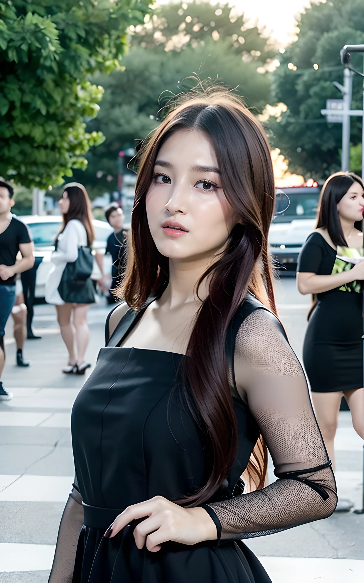 a 17 year old girl, she is the most beautiful actress in the world, the perfect body proportions of this girl in skirt suit, her upper body with it's large breasts are covered 100% by the shirt under the blazer, her crotch between her bare legs are hidden 99% by short skirt, it's only one description of one body, it's from right above her head to right below her shins are within frame, all her body is looking forward to viewer, she is standing at the city street, nsfw, best quality, highly detailed, masterpiece, ultra high res, photo realistic, 8k, RAW photo
