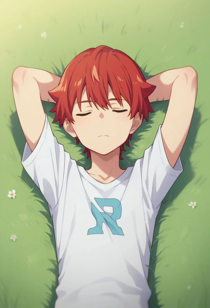 score_9, score_8_up, score_7_up, source_anime, highly detailed, 
yuta, 1boy, male focus, closed eyes, red hair, solo, t-shirt, short pants, bare foot, bangs, upper body, closed mouth,
outdoor, grass, lying on grass, on back, hands behind head, sleep,