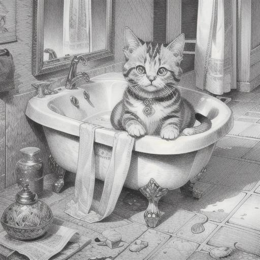 garychalk style, monochrome,  cute little kitten, close up, bathroom in background, illustration, ink drawing, lot of details, greyscale, <lora:Gary_Chalk_style:1>