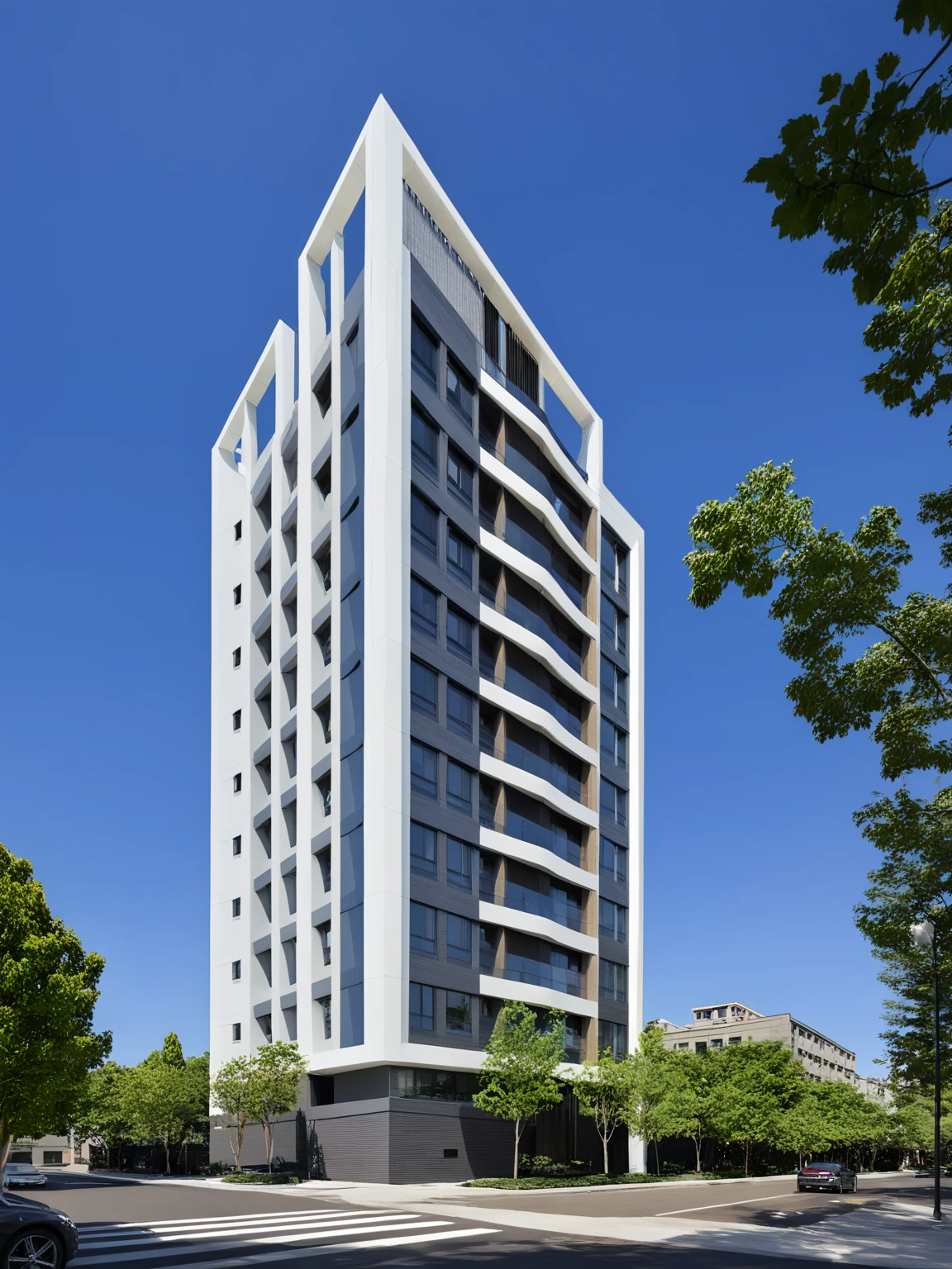 <lora:JJsApartment_XLv2:1>, masterpiece , best quality, ((Apartment)), outdoors, sky, day, tree, blue sky, ground vehicle, building, scenery, motor vehicle, walking, city, car, road, lamppost, street, real world location, . Clean lines, geometric shapes, minimalist, modern, architectural drawing, highly detailed , CURVY,