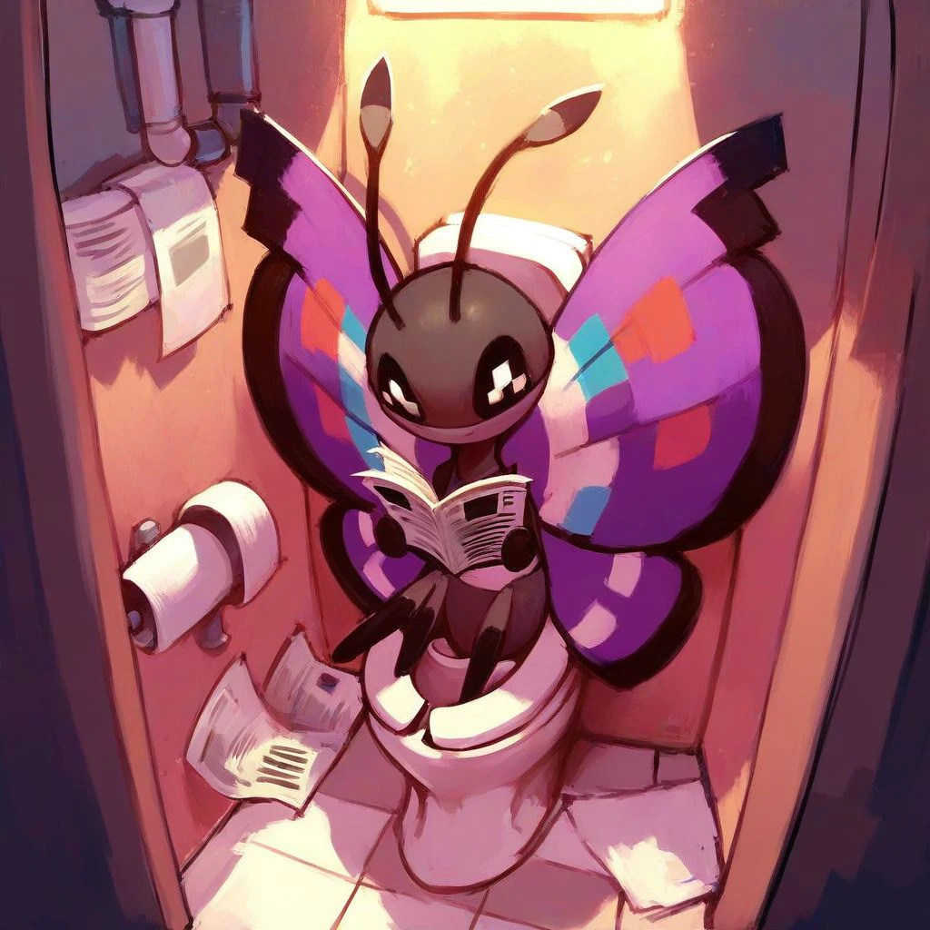 score_9,score_8_up,score_7_up,score_6_up,score_5_up,score_4_up,, Vivillon, pokemon (creature), butterfly wings, black eyes, antenna, solo, no humans, toilet, sitting, newspaper, holding, reading, indoors, toilet paper, bathroom, legs together feet apart, collarbone