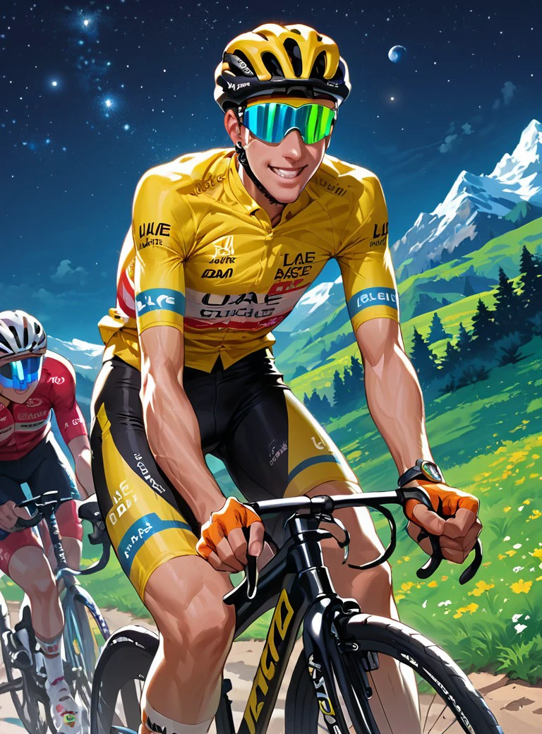 score_9, score_8_up, score_7_up, score_6_up,br, 4,8k, 1boy ,source_anime, BREAK,tadej_pogacar, yellow cycling jersey<lora:tadej_pobacar:1> ,  smile, detailed background, victory,  short sleeves, arc,mountain, cycling,helmet, space, night, galaxies, dim light