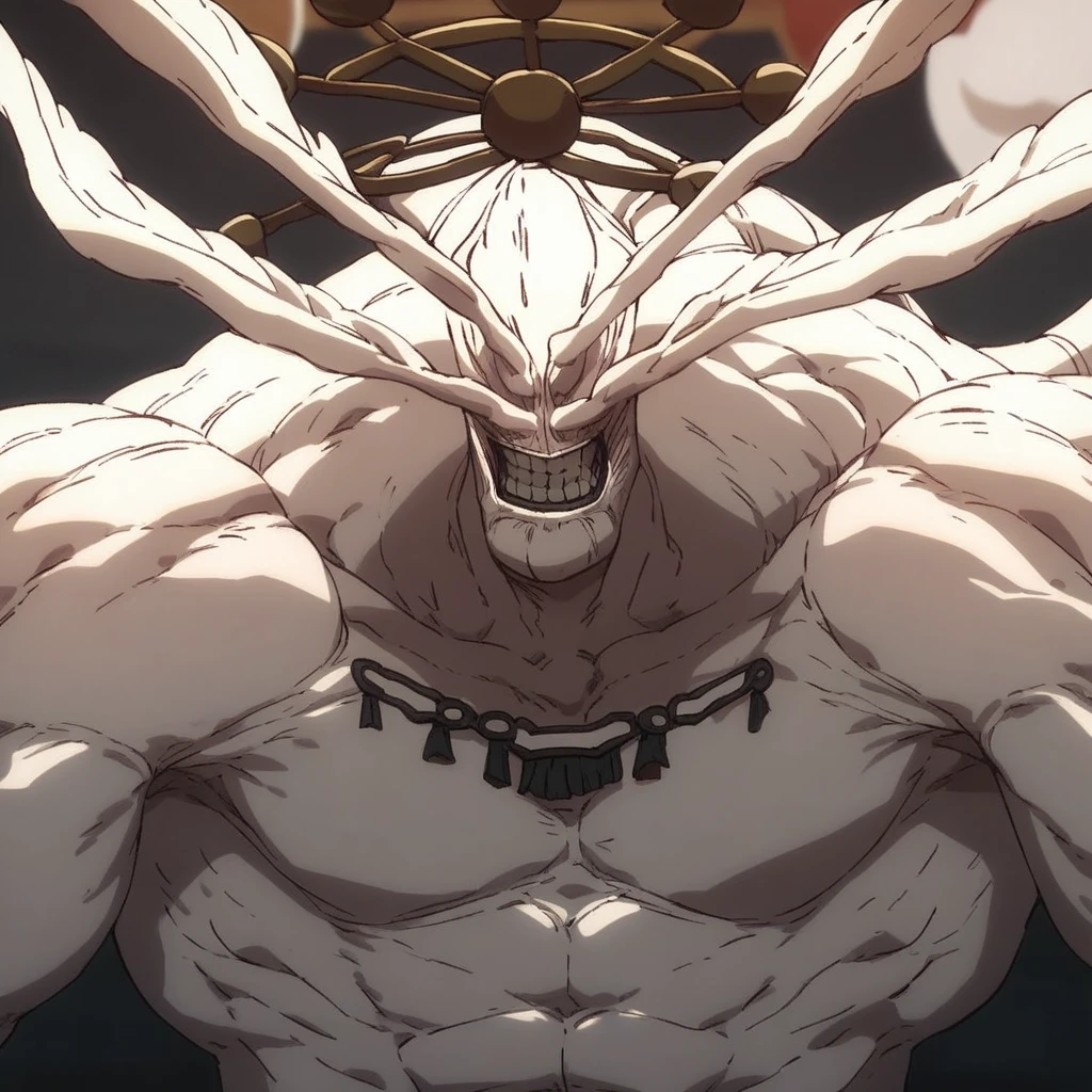 score_9, score_8_up, score_7_up, masterpiece BREAK Mahoraga, demon, muscular male, 1boy, solo, white skin, halo, large muscles, standing, teeth, looking down