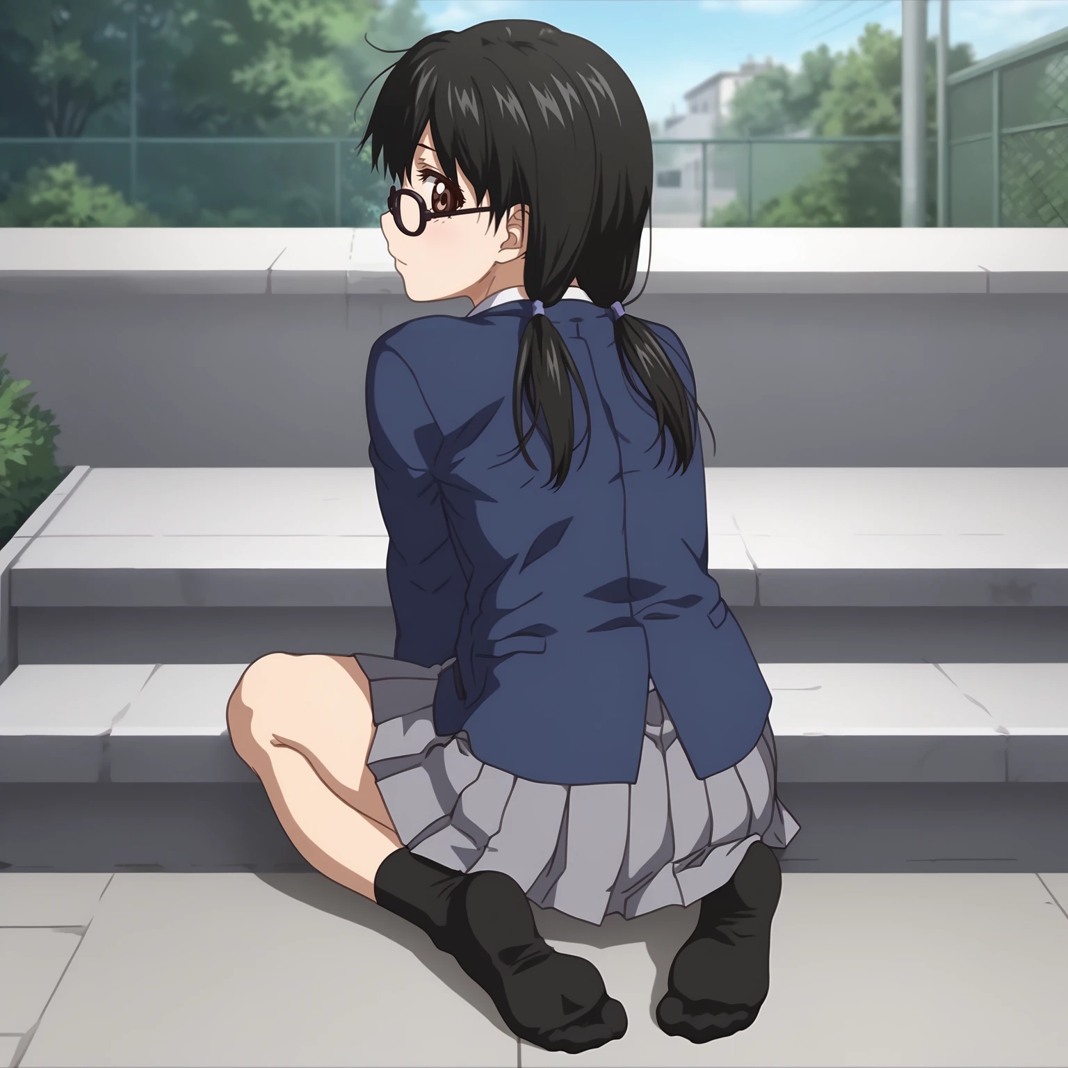 <lora:AkariHizenXLpony001>,
solo,
AkariHizen,1girl,black hair,low twintails,brown eyes,eyewear,
school_uniform,blue jacket,
pleated_skirt,gray skirt,
black socks,
outdoors,
full body,sitting,looking back,