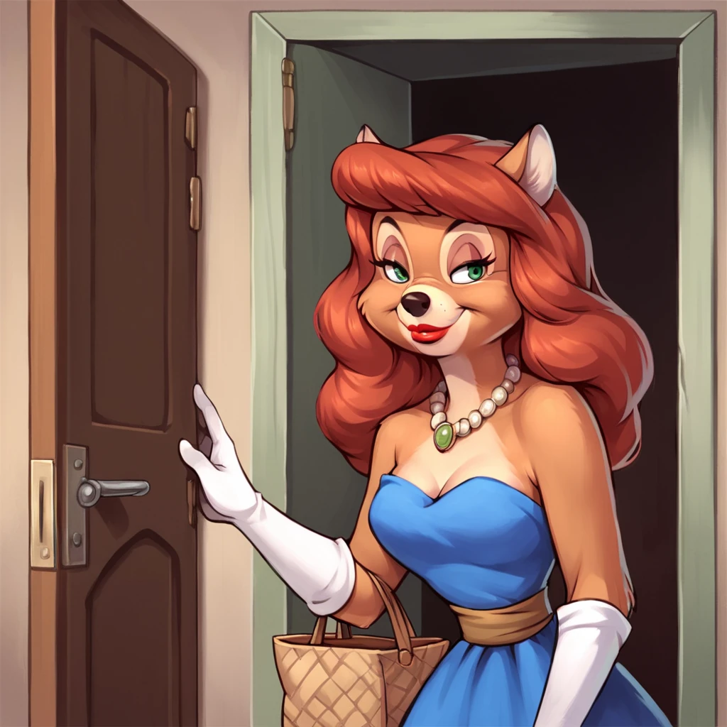 score_9, score_8_up, score_7_up, score_6_up, score_5_up, score_4_up, (Source talespin), (rating safe),  <lora:katiedodd:1>, katie dodd, 1girl, solo, long hair, breasts, smile, gloves, dress, holding, animal ears, bare shoulders, jewelry, medium breasts, standing, red hair, elbow gloves, indoors, white gloves, necklace, looking to the side, strapless, makeup, blue dress, half-closed eyes, strapless dress, furry, door, holding bag, animal nose, furry female, fox girl, green eyes, body fur, brown fur, lipstick, red lips