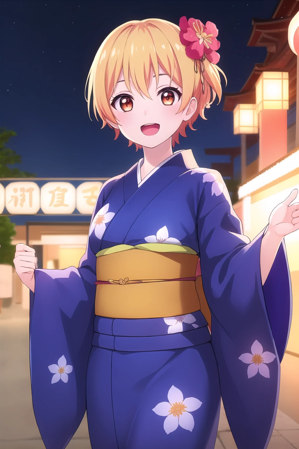 (masterpiece, best quality), highly detailed background, perfect lightingbest quality, saginumariko, solo, outdoors, night, summer festival, blonde hair, orange hair, hair between eyes, streaked hair, short hair, orange eyes, small breasts, yukata, blue kimono, floral print, wide sleeves, sash, obi, japanese clothes, smile, open mouth, :d, <lora:Saginuma-Riko:0.7>