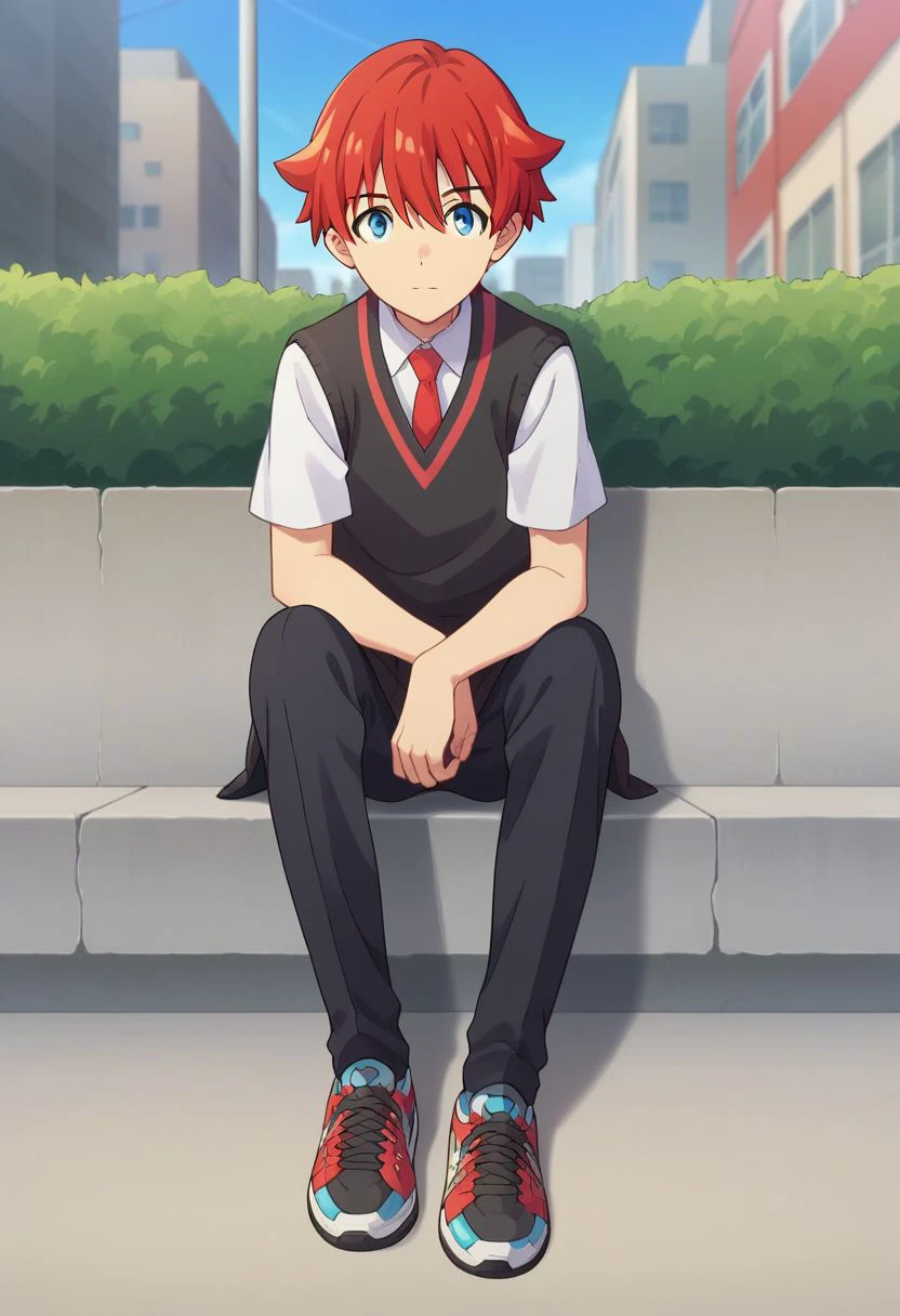 score_9, score_8_up, score_7_up, source_anime, highly detailed, 
yuta, 1boy, male focus, blue eyes, red hair, necktie, solo, sneakers, black pants, shirt, school uniform, pants, red necktie, short sleeves, white shirt, shoes, full body, looking at viewer, collared shirt, bangs,
outdoor, street, blue sky, sit,