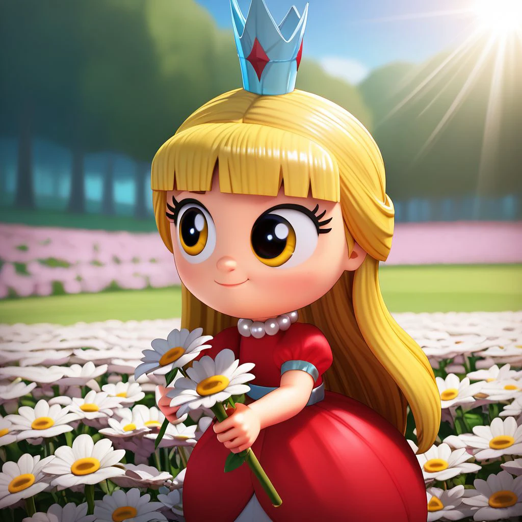 score_9, score_8, score_9, BREAK, female , grizelda, yellow eyes, long hair, blonde hair, crown, pearl necklace, red dress, sniffing flowers, flower field, sunlight, natural lighting,