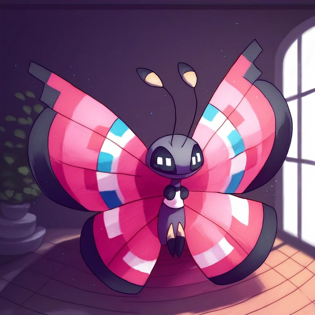 score_9, rating_safe, solo, Vivillion, no humans, pokemon (creature), antenna, butterfly wings, black eyes, smile, frills, dress, pink dress, short sleeves, puffy sleeves, indoors