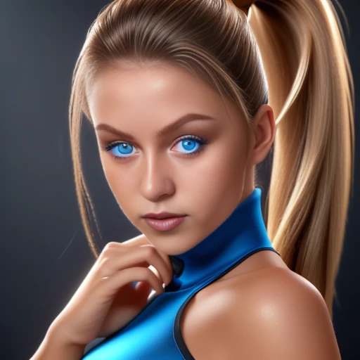 20 year old woman, tone body, dark blonde hair, tight ponytail, blue eyes, sexy look, sexy, very beautiful face, beautiful eyes, detailed eyes, perfect fingers