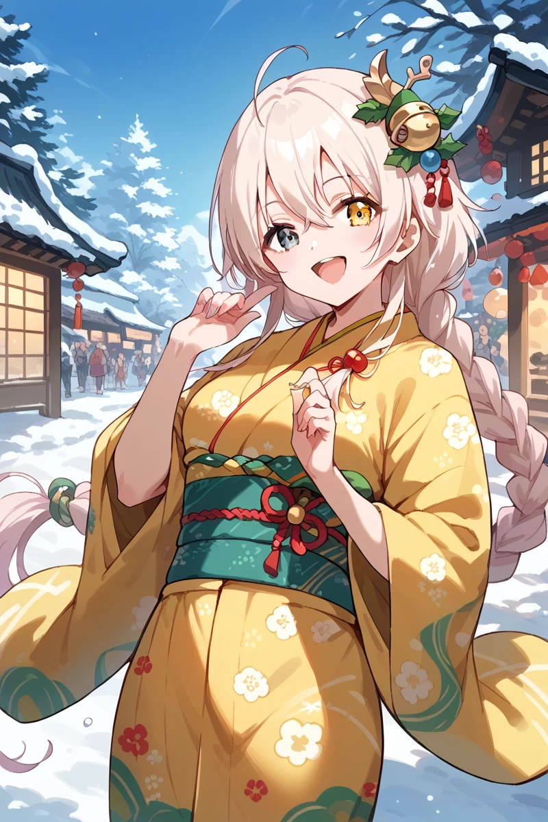 score_9, score_8_up, score_7_up, score_6_up, 1girl,
 <lora:Ichihoshi_Lumina:0.8> lumina, heterochromia, ahoge, (very long braid), hair ornament, open smile, yellow japanese dress, cute print, winter festival,