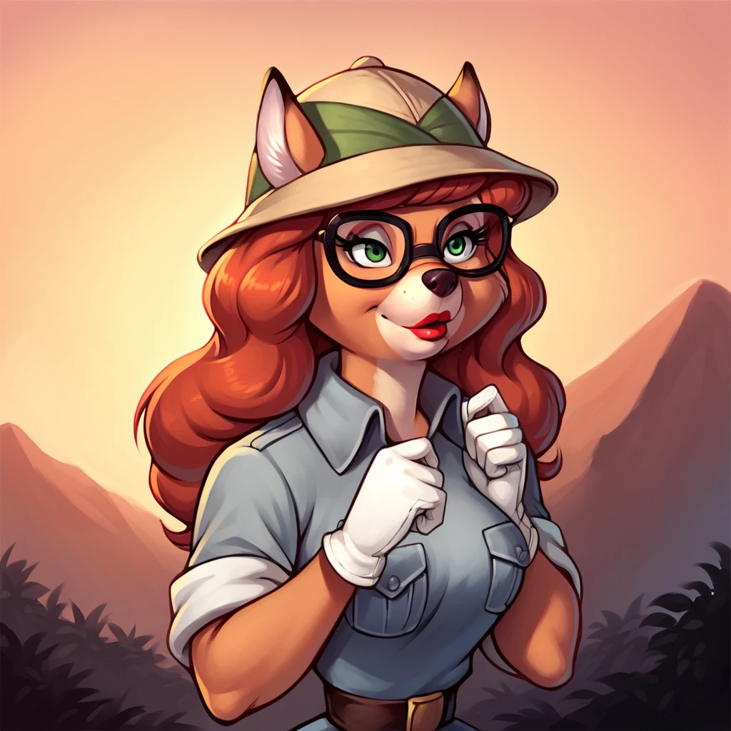 score_9, score_8_up, score_7_up, score_6_up, score_5_up, score_4_up, (Source talespin), (rating safe),  <lora:katiedodd:1>, katie dodd, 1girl, solo, long hair, breasts, shirt, gloves, hat, animal ears, medium breasts, upper body, short sleeves, red hair, glasses, collared shirt, white gloves, lips, hands up, makeup, furry, black-framed eyewear, pocket, sunset, breast pocket, animal nose, orange sky, furry female, fox girl, green eyes, body fur, brown fur, lipstick, red lips