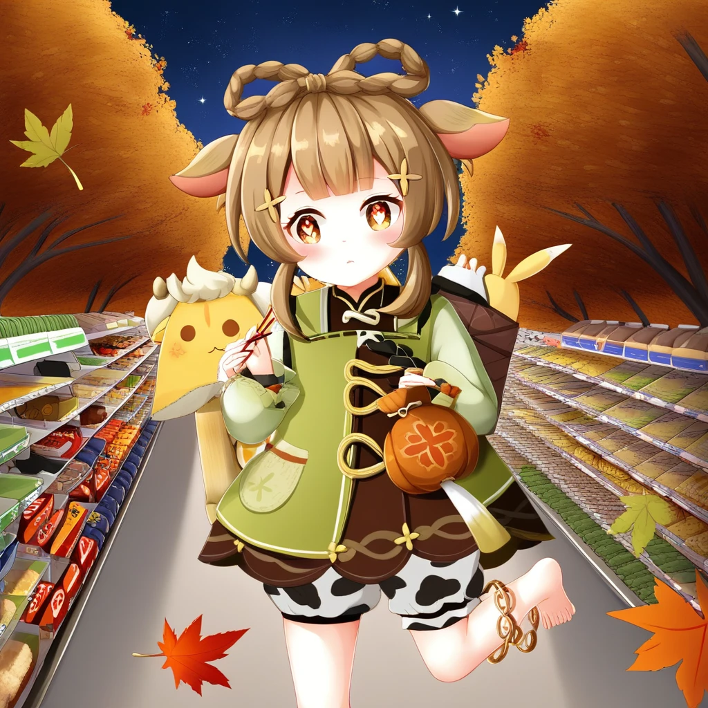 yaoyao (genshin impact), dress lift, hair between eyes, autumn leaves, 1boy, fur trim, anklet, shopping, cow print, >_<, carrying, polka dot background, solo focus, x hair ornament, green jacket, baguette, symbol-shaped pupils, puffy long sleeves, starry sky, >_o, dress, chopsticks, maple leaf