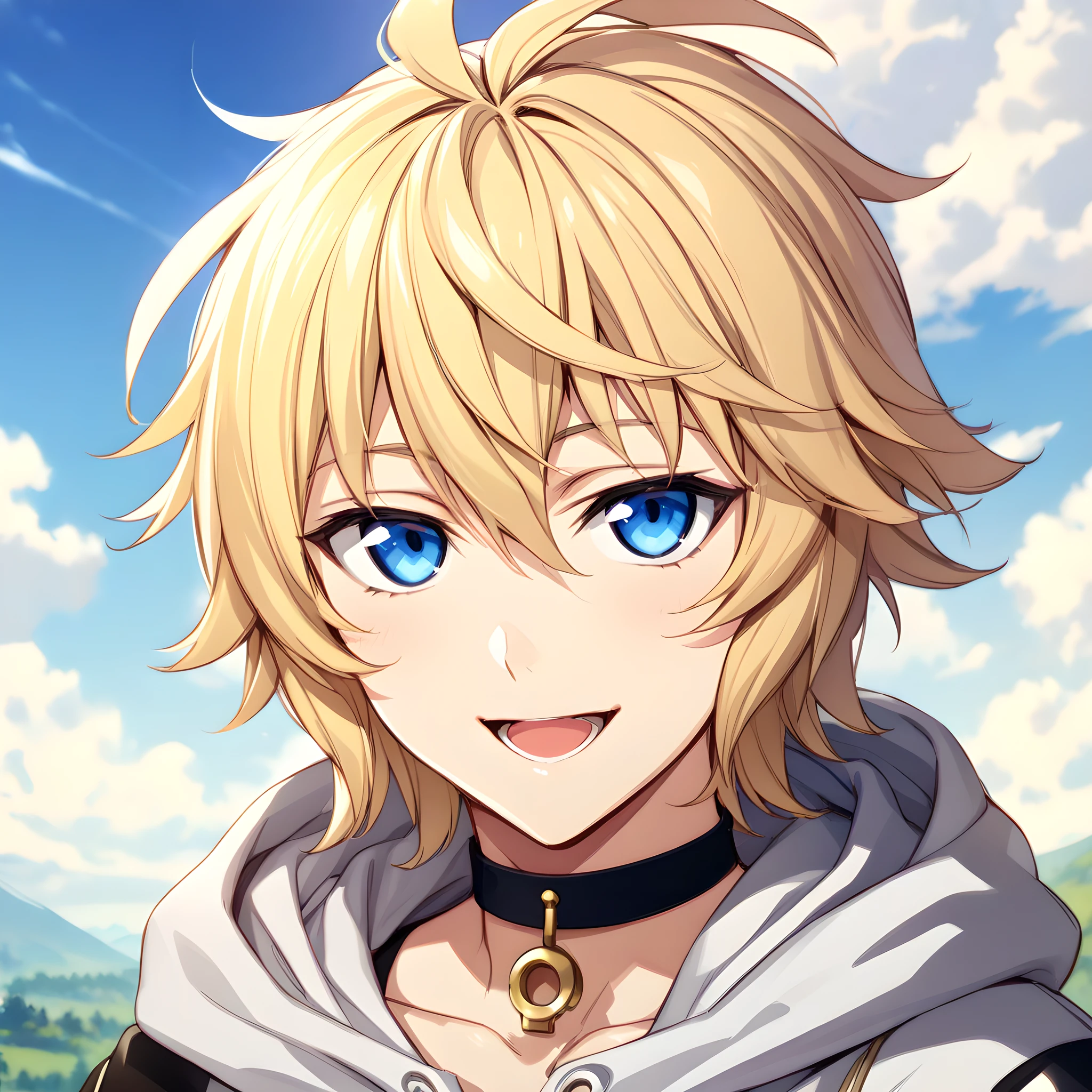 (masterpiece),(best quality),(ultra-detailed),(best illustration),(best shadow),(absurdres),(detailed background),(very aesthetic), hyakuya mikaela, blue eyes, blonde hair, solo, hood, smile, 1boy, male focus, open mouth, hoodie, sky, choker, cloud, looking at viewer, day, portrait,  <lora:mikaela:1>