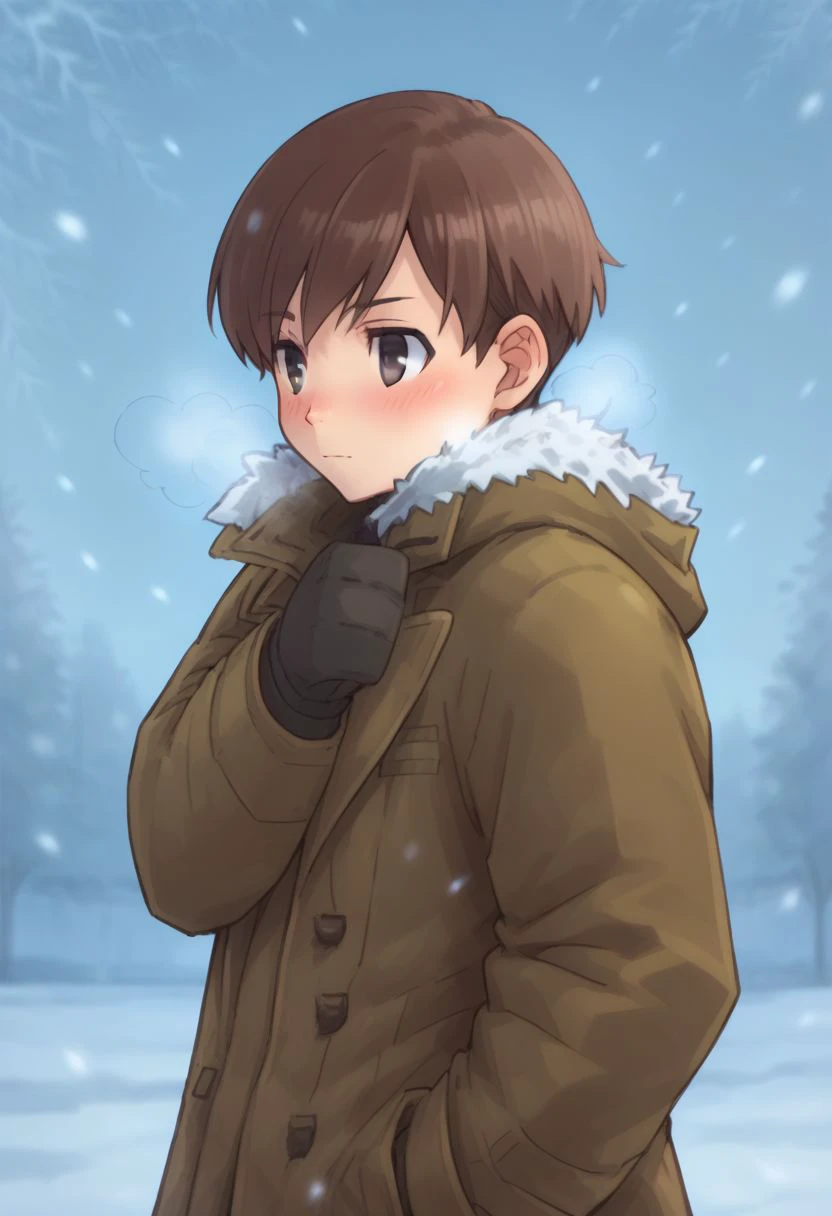 score_9, score_8_up, score_7_up, source_anime, highly detailed, 
meyer, solo, brown hair, coat, breath, male focus, hand in pocket, black eyes, snowflakes, short hair, gloves, 1boy, snowing, fur trim, blush, upper body, closed mouth, long sleeves, winter clothes, anime coloring,