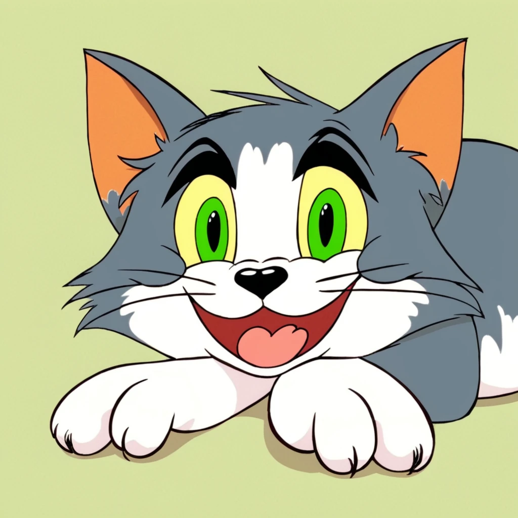 anime artwork of  <lora:animated cartoon style:1>
Tom A cartoon animated picture of a cartoon cat laying down with its paws on its face, animated cartoon style, solo, smile, simple background, white background, 1boy, animal ears, closed mouth, green eyes, tail, full body, male focus, lying, on stomach, furry, colored sclera, spot color, head rest, furry male, body fur, hands on own face, animal nose, flat color, hands on own cheeks, whiskers, green sclera
, anime style, key visual, vibrant, studio anime,  highly detailed