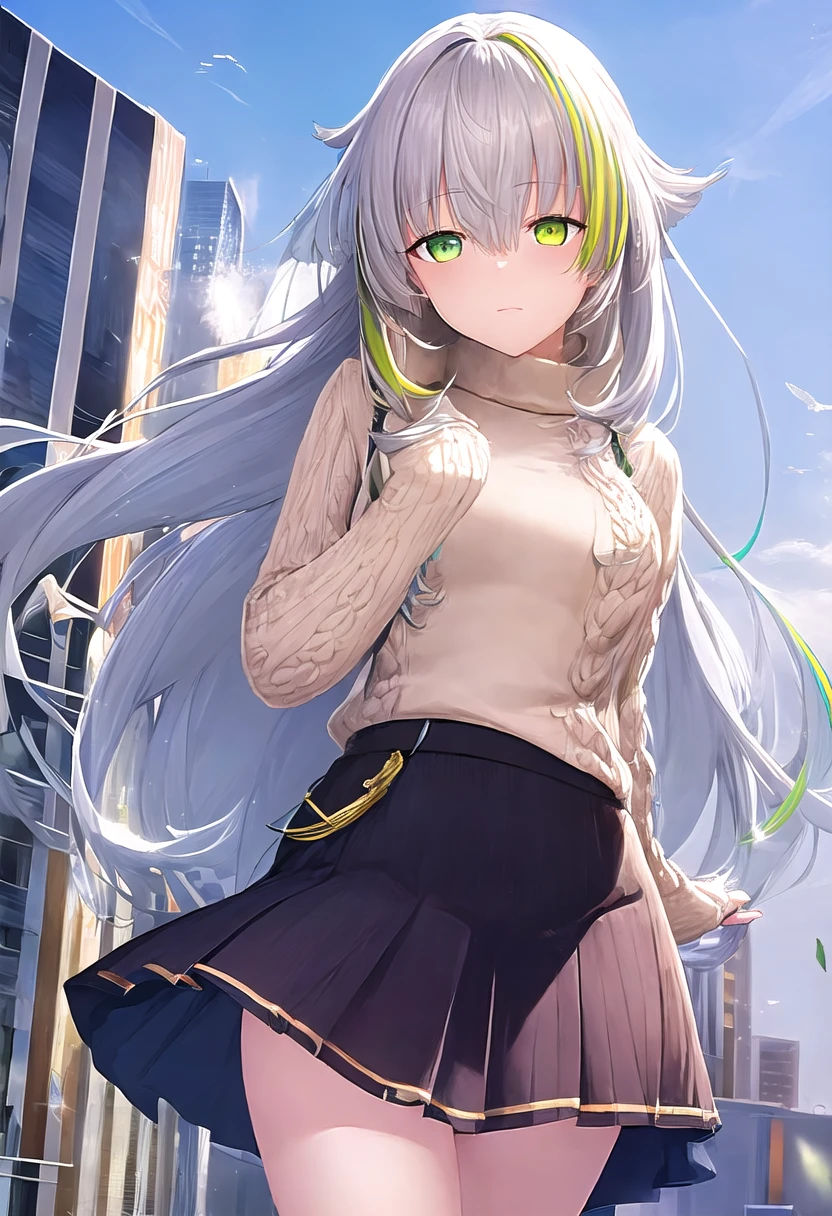 <lora:Milva_Lindemann(deep_one)_epoch_10:0.8>,(best quality:1.2),megami magazine,1girl,Milva_Lindemann,heterochromia,green eye,yellow eye,streaked hair,silver hair,long hair,standing,sweater,skirt,in city