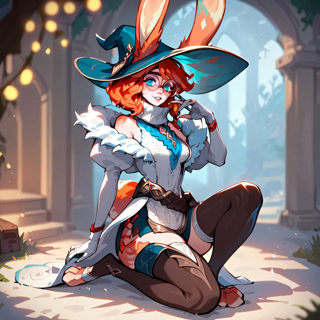 (((beautiful, high quality))), score_9, score_8_up, score_7_up, full body,
AuroraLOL, 1girl, ginger hair, freckles, rabbit ears, rabbit tail, earring,
round glasses, witch hat, sleeveless sweater, white jacket with fur, white fingerless gloves, rope belt, blue shorts, thighhighs,
blurred background, looking at the viewer, posing,