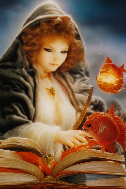 LR_arcstl,close-upclose-up, In Rayo's work,amazing quality, masterpiece, best quality, hyper detailed, ultra detailed, UHD, perfect anatomy, magic world, (kitten and fish:1.4), fish in the air, spell magic to get fresh fish as food,( fish jumping from magic book:1.3), energy flow, a full body of a cute kitten, kawaii, wearing witches robe, witches hat, holding magic book, magic book on one hand, spell magic, <lora:lord_of_the_rings_offset:0.7>