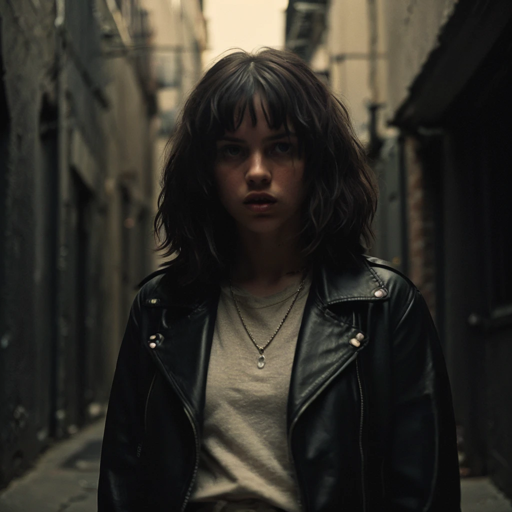 1girl, portrait, wolfcut, bangs, long layered hair, multicolored hair, from front, close up,
(Wrapped in a sleek leather jacket, accentuated by silver studs and chains, emanating a fierce and edgy aura), (A dimly lit alleyway, with shadows lurking in the corners, exuding an atmosphere of calculated intensity: 1.3), (seductive:1.3),(analog, cinematic, film grain, hazy atmosphere, cinematic shot:1.3),
<lora:concept_hairstyle_wolfCut_sd15_v1-wolfCut:0.7>