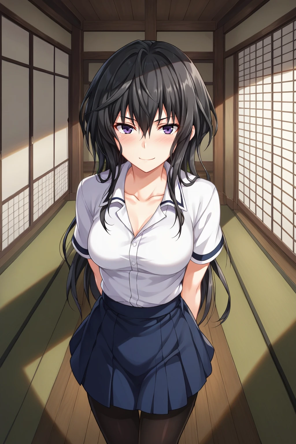 score_9, score_8_up, score_7_up, source_anime, 1girl, prefect lighting, very aesthetic, intricate details, highly detailed background, masterpiece, high quality, prefect hands, best quality, solo,
<lora:Benkei_Majikoi_V1:.7>, black hair, dark purple eyes, long hair, hair between eyes, 
white school uniform, blue skirt, white collar shirt, open collar, collarbone, black pantyhose,
POV, facing viewer, from above, arms behind back, smirk, blush, 
dojo, wooden floor, sliding doors, dim lighting,
(Beautiful, medium Breasts:1.2), natural breasts,