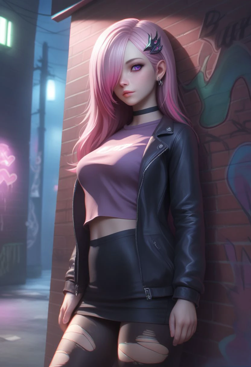 1girl, solo, intricate details, chromatic aberration, realistic, long hair, pink hair, red head ornament, pink highlights, hair over one eye, purple eyes, earrings, sharp eyes, choker, neon shirt, torn legwear, open jacket, turtleneck sweater, night, against wall, brick wall, graffiti, dim lighting, alley, looking at viewer, BREAK PonyXLV6_Scores