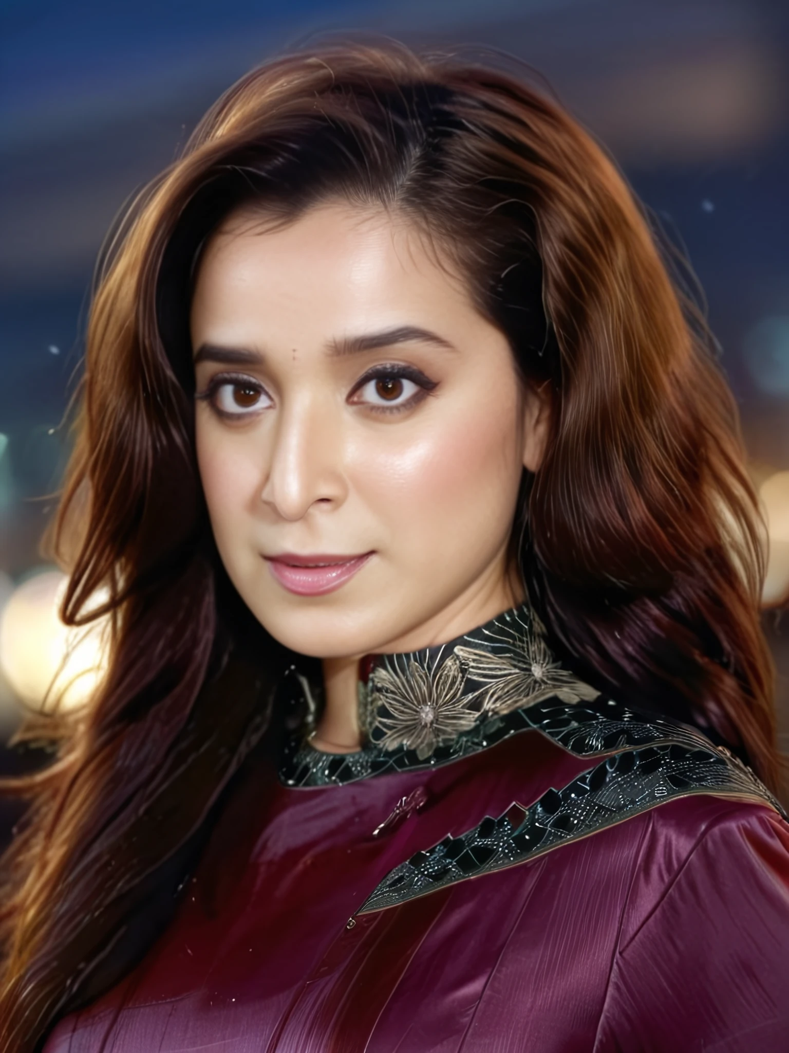 upper body photo of Simone Singh woman,  wearing conservative intricate Burgundy colored clothing, messy hair, , looking at the camera, night time,soft lighting, city lights in bokeh  <lora:Simone_Singh_SDXL_LoRA_adafactor-000004:1>