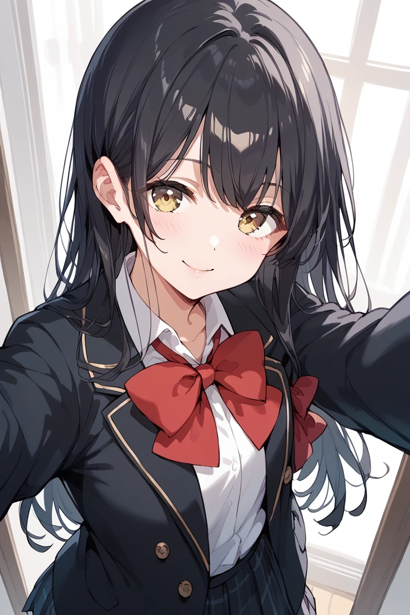 score_9, score_8_up, score_7_up, score_6_up, 1girl,
 <lora:Miyake_Aoi:0.9> aoi, black hair, long hair, black jacket, red bow tie, school uniform, selfie,