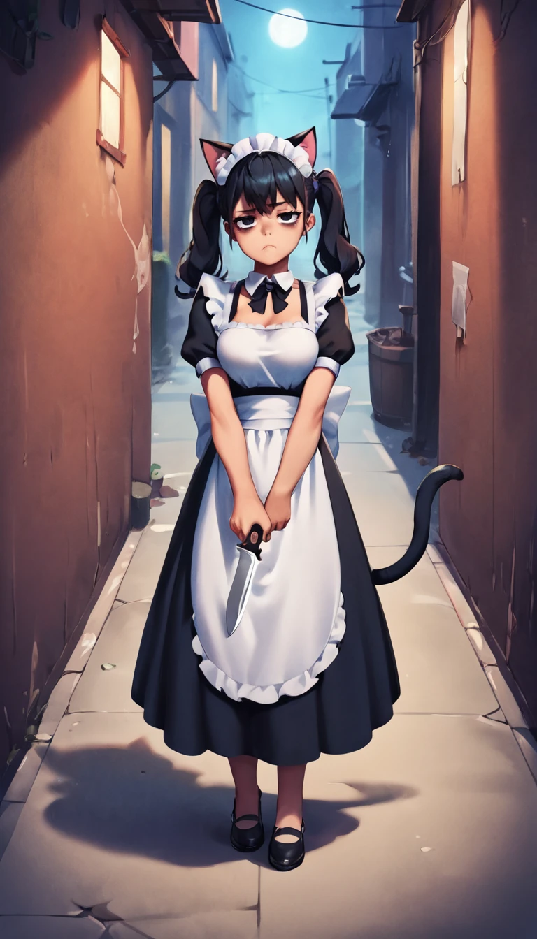 score_9, score_8_up, score_7_up, score_6_up, score_5_up, source_anime,  1girl, solo,  twintails, black hair, black eyes,  slight frown, bags under eyes, tired eyes, cat ears, tail, maid dress, full body, holding knife, pointing at viewer, looking at viewer, pov, dark alley way, night, shadow, low light, midnight, <lora:MarkformStyleV1_PonyXL:0.8>