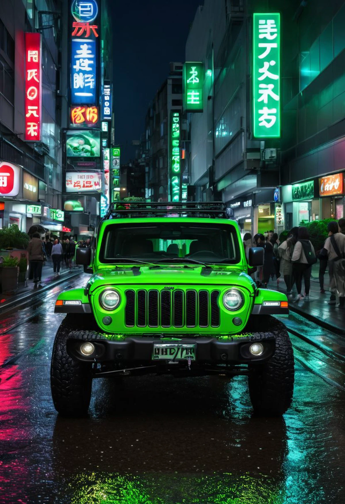 green jeep , in Tokyo, neon lights and buildings in the background, LED billboards, neon signs, wet road