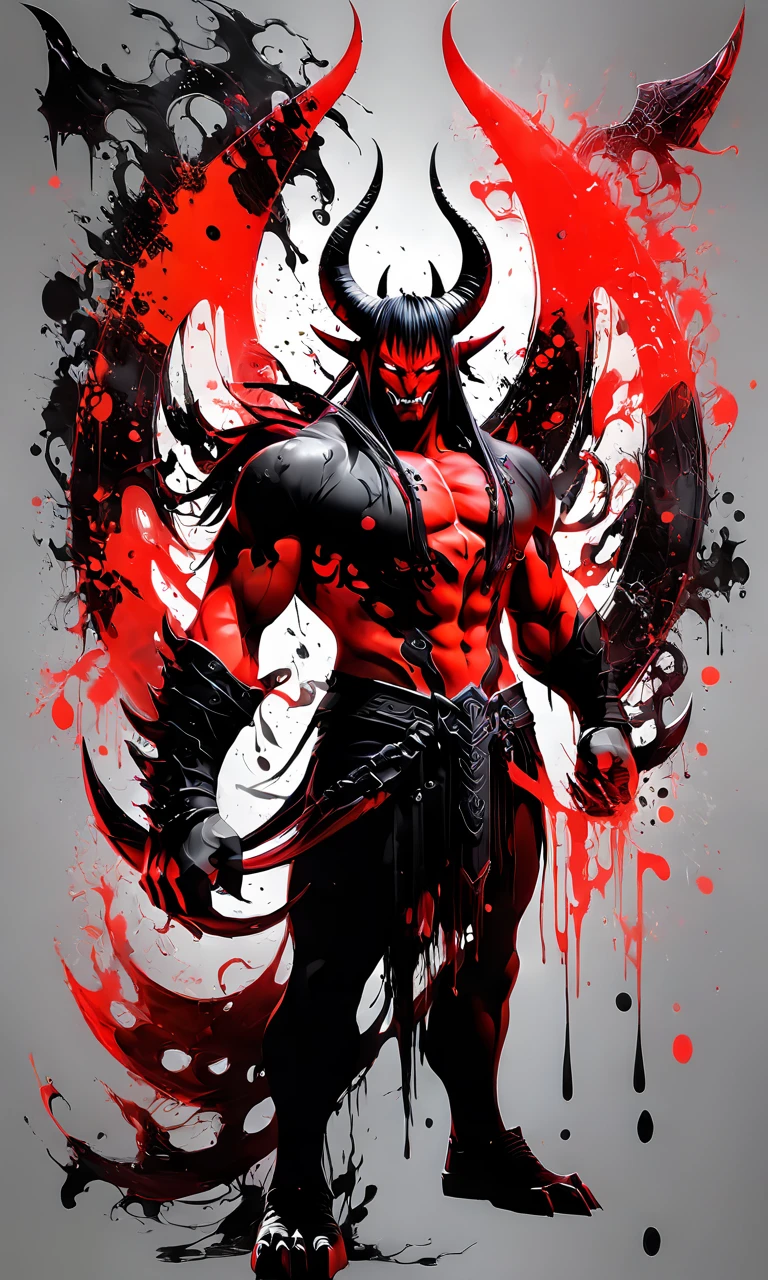 a giant demon, paintsplashsdxl, <lora:paintsplashsdxl:1>, vibrant color, best quality, masterpiece, red and black paint, claws, horns, glowing eyes