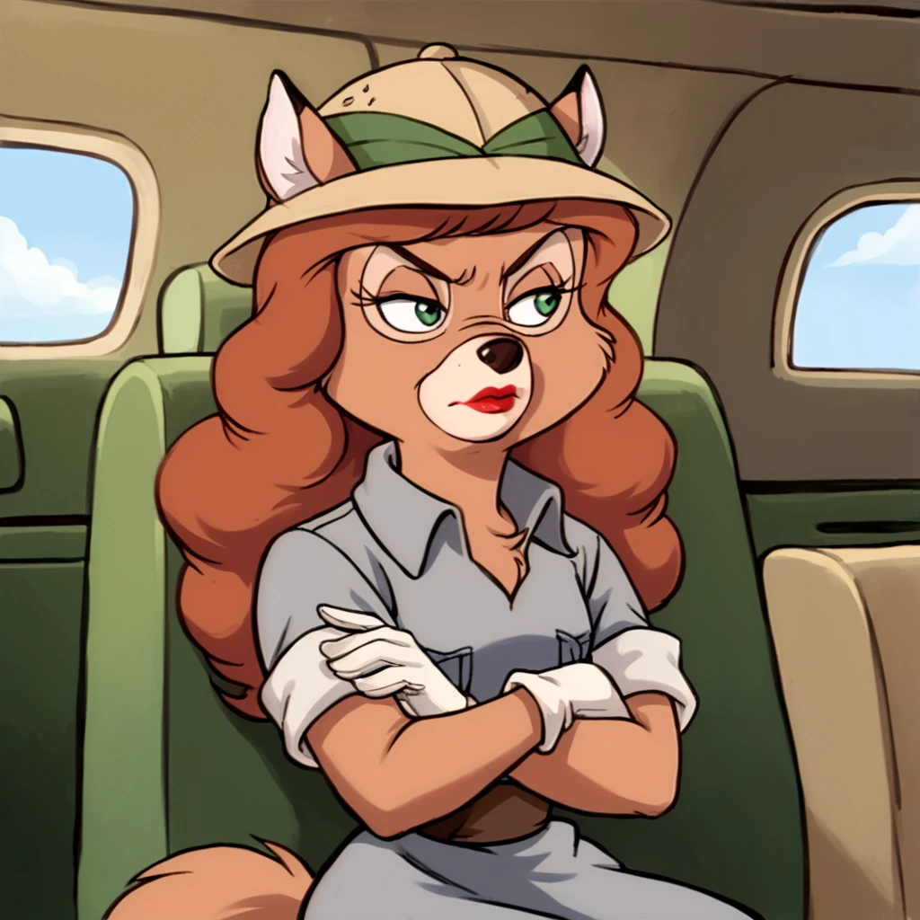 score_9, score_8_up, score_7_up, score_6_up, score_5_up, score_4_up, (Source talespin), (rating safe),  <lora:katiedodd:1>, katie dodd, 1girl, solo, long hair, bangs, brown hair, shirt, gloves, hat, animal ears, sitting, closed mouth, white shirt, upper body, short sleeves, collared shirt, white gloves, flat chest, v-shaped eyebrows, looking to the side, crossed arms, half-closed eyes, furry, retro artstyle, animal nose, yellow headwear, car interior, furry female, fox girl, green eyes, body fur, brown fur, lipstick, red lips