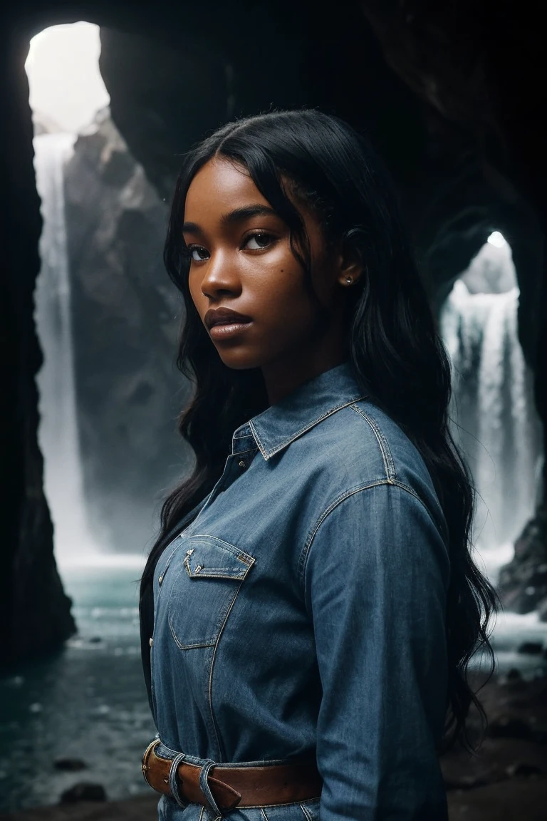 photo of M4r14m4D14ll0_HM-130, a woman, perfect hair, (modern photo), wearing long sleeve button-up shirt and jeans, 135mm standard (analog, cinematic, film grain:1.3), Frozen Planet Ice Caverns, Planet of vast ice caverns, frozen waterfalls, and frosty chambers., detailed eyes, professional pose, (epiCPhoto), (looking at viewer:1.1), (cinematic shot:1.3), (Rembrandt style lighting), (OverallDetail:1.1), SkinHairDetail