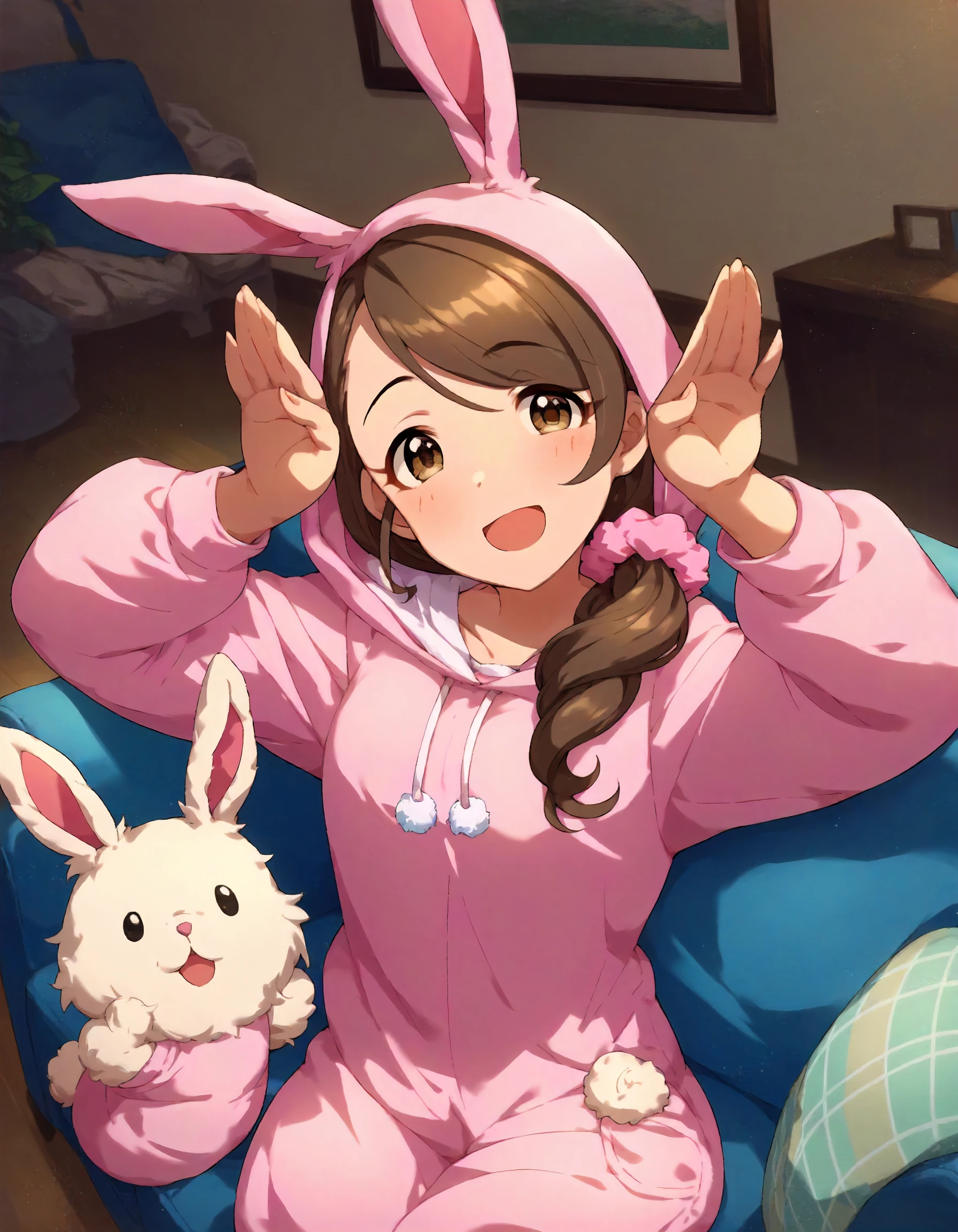 score_9, score_8_up,score_7_up,1girl,solo,bunny pose,arms up,looking at viewer,(smile:0.6),(embarrassed:0.2),indoors,couch,open mouth,
<lora:mochidaarisa_ponyXLV6:0.8>,cgmar,brown hair,long hair,low ponytail,hair scrunchie,brown eyes,pink bunny hood