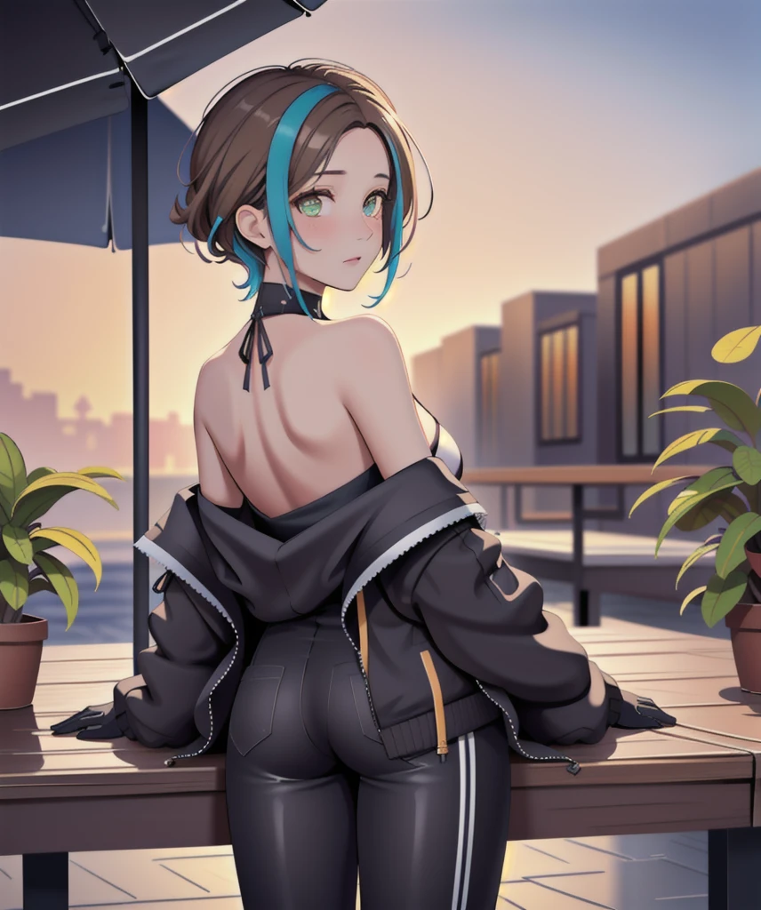 <lora:Tec-9_Girls_Frontline:0.6> tec9, green eyes, two-tone_hair, brown_hair, single blue streak in hair,  short_hair, jacket, gloves, white 'x' on shirt,  black_gloves, bare_shoulders, off the shoulder, black pants, boots, patio, table with umbrella, shadows, atmospheric lighting, sunset, potted plant, solo, 1girl, details, back yard, garden in background, best quality, masterpiece, detailed, 8K, uhd, (extremely detailed CG unity 8k wallpaper),(masterpiece), (best quality), (ultra-detailed), (best illustration), detailed face, skin pores, detailed skin, detailed eyes, high quality eyes, good quality hands, high resolution, great anatomy