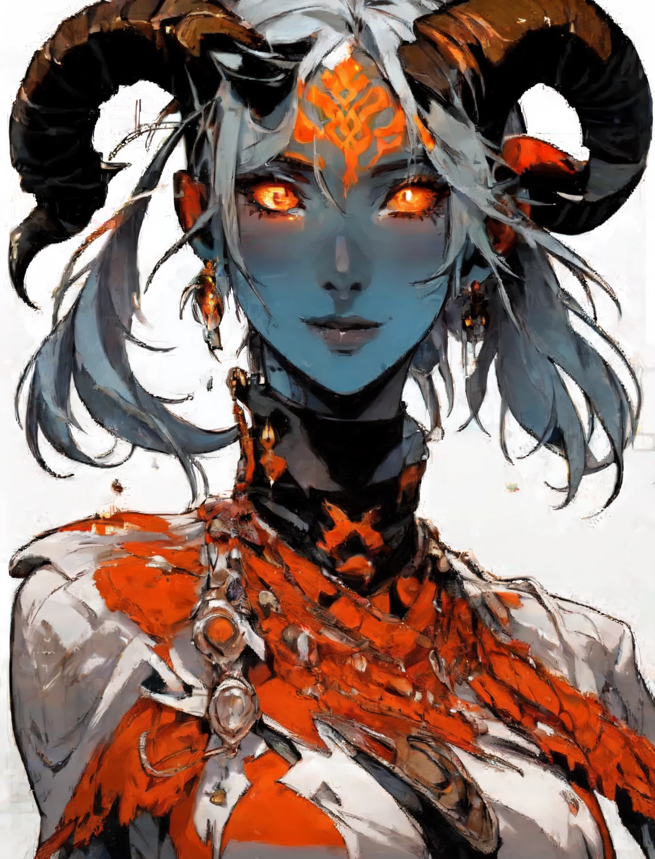 girl, orange skin, horns, glowing tattoo <lora:tifling:0.9>