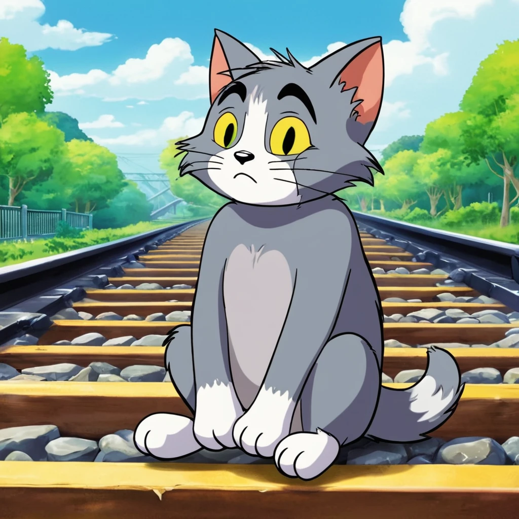 anime artwork of  <lora:animated cartoon style:0.8>
Tom A cartoon animated picture of a very sad crying depressed cartoon grey cat sitting on a train track, animated cartoon style, solo, 1boy, animal ears, sitting, tail, outdoors, teeth, cat ears, tears, no humans, cat, crying, furry, colored sclera, sad, yellow sclera, cat boy
 <lora:crying style:0.3>crying style, anime style, key visual, vibrant, studio anime,  highly detailed