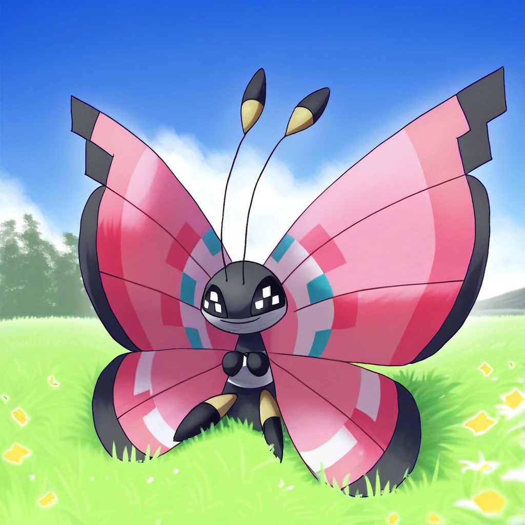 score_9, rating_safe, solo, Vivillion, no humans, pokemon (creature), antenna, butterfly wings, black eyes, smile, outdoors, sitting, sky, grass, pink wings, on grass