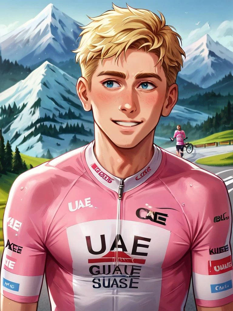 score_9, score_8_up, score_7_up, score_6_up, source_anime, 1boy, mountain, winter, ice, tadej_pogacar,giro, pink cycling jersey ice castle, outdoors, snow on road, road bike, (((portrait of tadej_pogacar))), <lora:tadej_pogacar:1>, smile, hair, blonde hair, uae