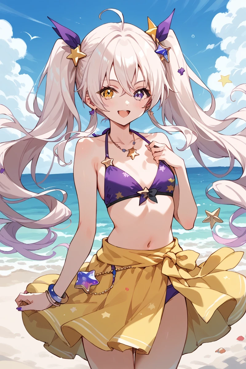 score_9, score_8_up, score_7_up, score_6_up, 1girl,
 <lora:Ichihoshi_Lumina:0.8> lumina, long hair, heterochromia, ahoge, bouffant twintails, small , purple , yellow sarong, beach, star accessory,