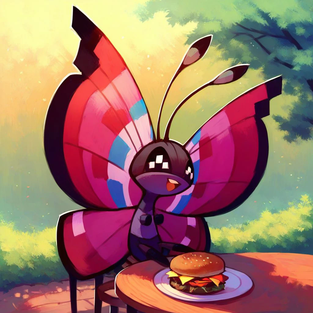 score_9,score_8_up,score_7_up,score_6_up,score_5_up,score_4_up,, Vivillon, pokemon (creature), butterfly wings, black eyes, antenna, solo, no humans,  smile, eyelashes, collarbone, sitting, smile, open mouth, half-closed eyes, table, chair, outdoors, food, burger