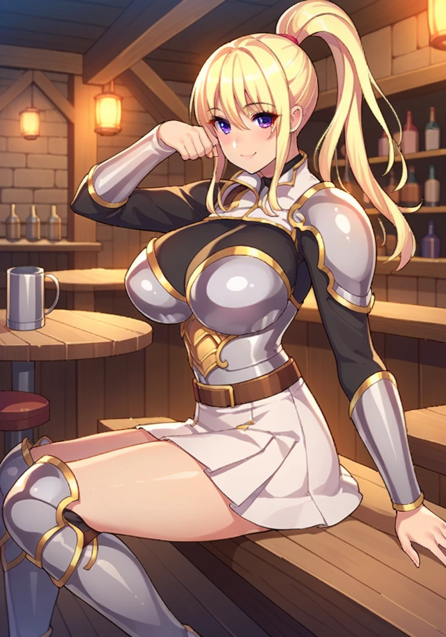 Very detailed、Highest quality、Best image quality、masterpiece、8k、(shoulder-length blonde hair:1.5、Medium Long Hair)、(smile、Open Mouth) 、(Hilarious)、(Big eyes)、(Beautiful and shining eyes)、(Detailed anime eyes)、(Puffy eyes)、(Big Breasts:1.5、necklace)、((SFW Huge Body:1.8、topless:1.5、only breasts are in full view :1.5、bare breasts:1.5 、bare nipples:1.5、 thick nipples、erection of nipple、pepperoni nipple))、(knight armor、Wearing white bikini armor:1.5、High leg leotard、Arm Armor、Leg armor:1.5、armor on the waist:1.5、Waist belt:1.5、Put on a helmet:1.5)、(Cowboy Shot)