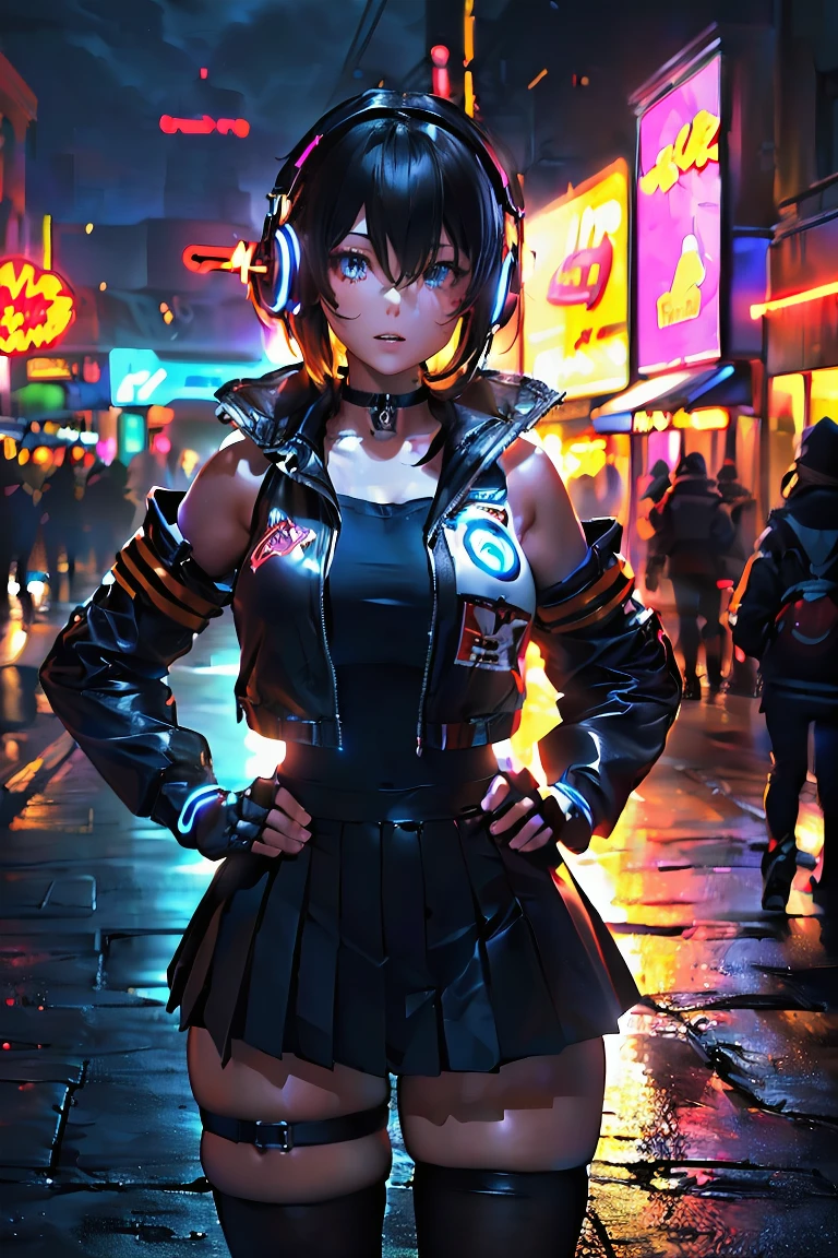 close up, front view, straight-on, fcPortrait, 1girl, anby demara, solo, black thighhighs, black pleated skirt, headphones, fingerless gloves, choker, cropped jacket, detached sleeves, thigh strap, standing, parted lips, looking at viewer, hand on hip, huge breasts, thick thighs, inside, arcade, video games, arcade games, neon lights, cinematic lighting, absurdres, volumetric lighting , masterpiece, (super detailed), best quality, trending on artstation <lora:burnlight_fadecolors:0.7>