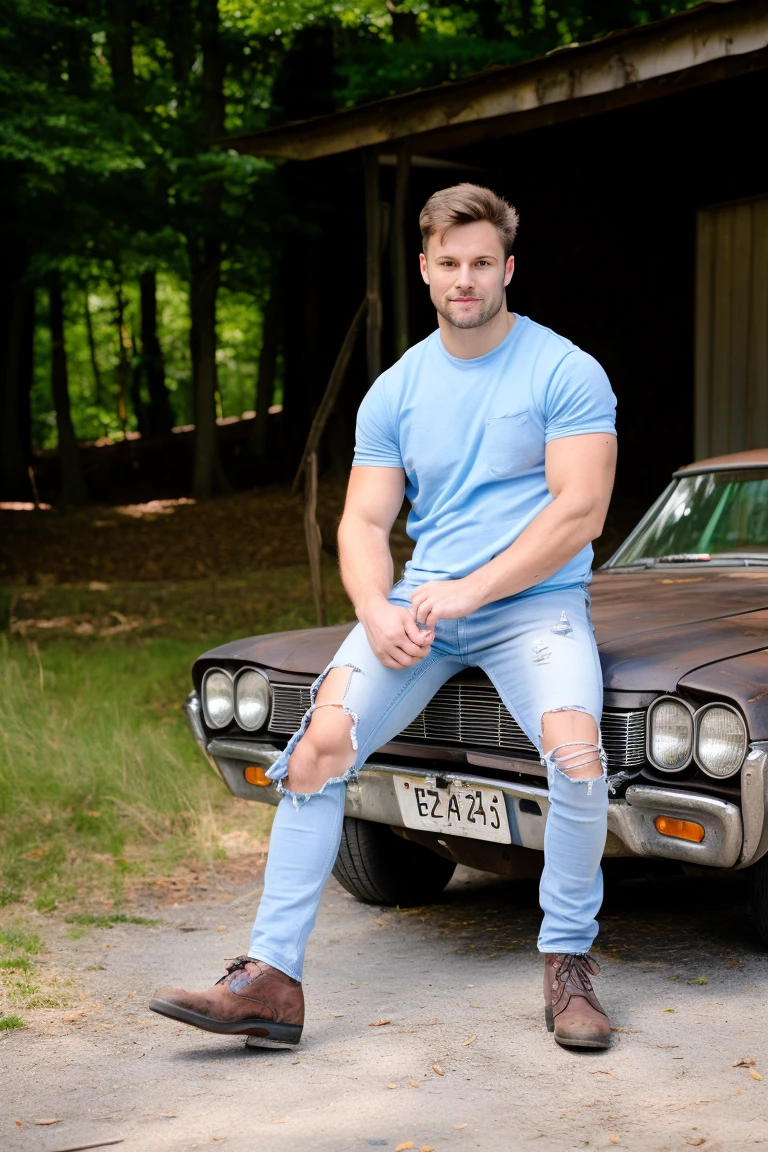 high quality, a photograph of a man reclining atop an aged car, muscular and casual, a slight stubble gracing his strong jaw, looking at viewer, hair tousled, arms crossed over a well-fitting light blue shirt, covered pecs, weathered jeans, afternoon sun, dappled light, rust and metal, wooden barn and old electrical fittings in the background, detailed, realistic, fine textural details