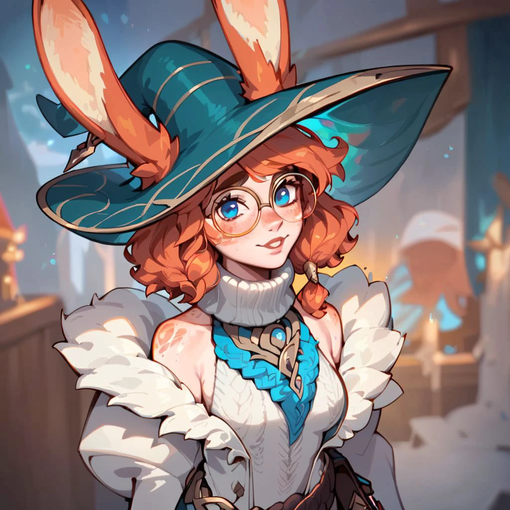 (((beautiful, high quality))), score_9, score_8_up, score_7_up, upper body,
AuroraLOL, 1girl, ginger hair, freckles, rabbit ears, rabbit tail, earring,
round glasses, witch hat, sleeveless sweater, white jacket with fur, white fingerless gloves, rope belt, blue shorts, thighhighs,
blurred background, looking at the viewer, posing,