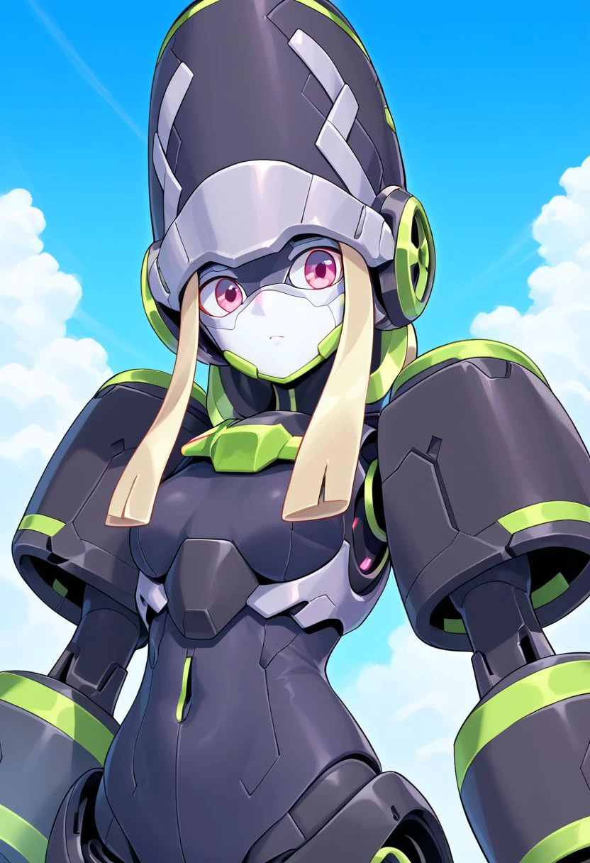 score_9, score_8_up, score_7_up, genista, 1girl, solo, purple eyes, upper body, sky, pink eyes, blue sky, glowing, robot, mecha, android, middle finger