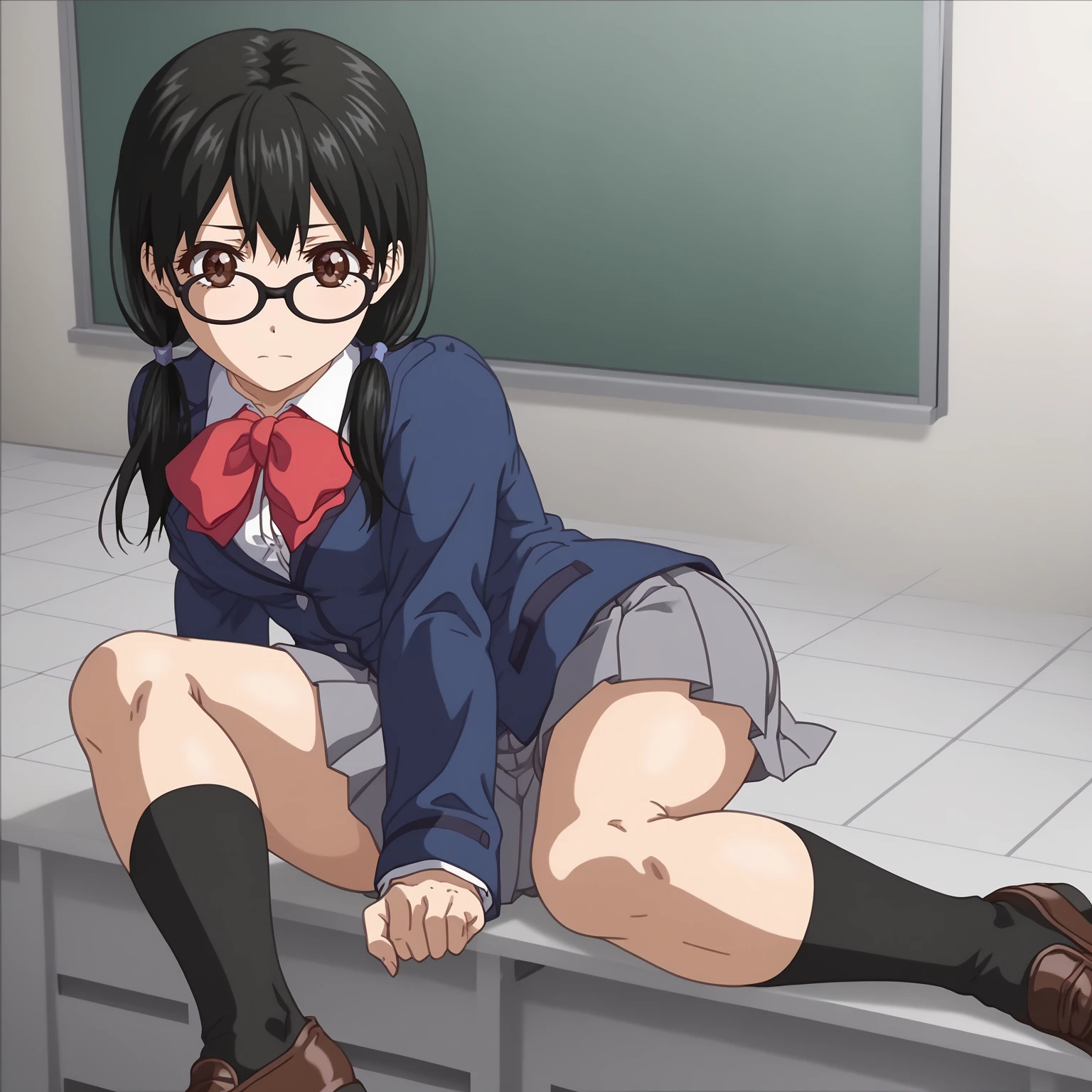 <lora:AkariHizenXLpony001>,
solo,
AkariHizen,1girl,black hair,low twintails,brown eyes,eyewear,
school_uniform,blue jacket,red bowtie,
pleated_skirt,gray skirt,
black socks,