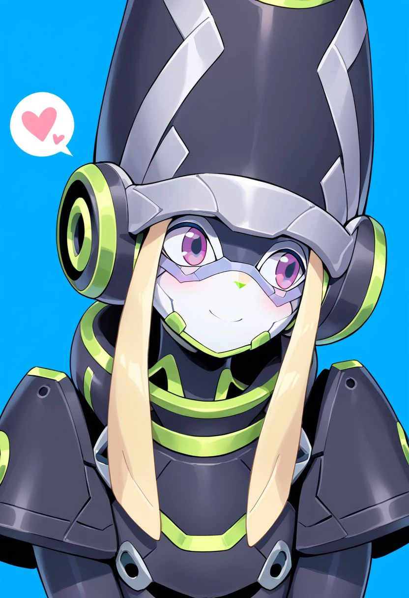 score_9, score_8_up, score_7_up, genista, 1girl, solo, blush, smile, blonde hair, closed mouth, purple eyes, heart, looking to the side, blue background, robot, spoken heart, android