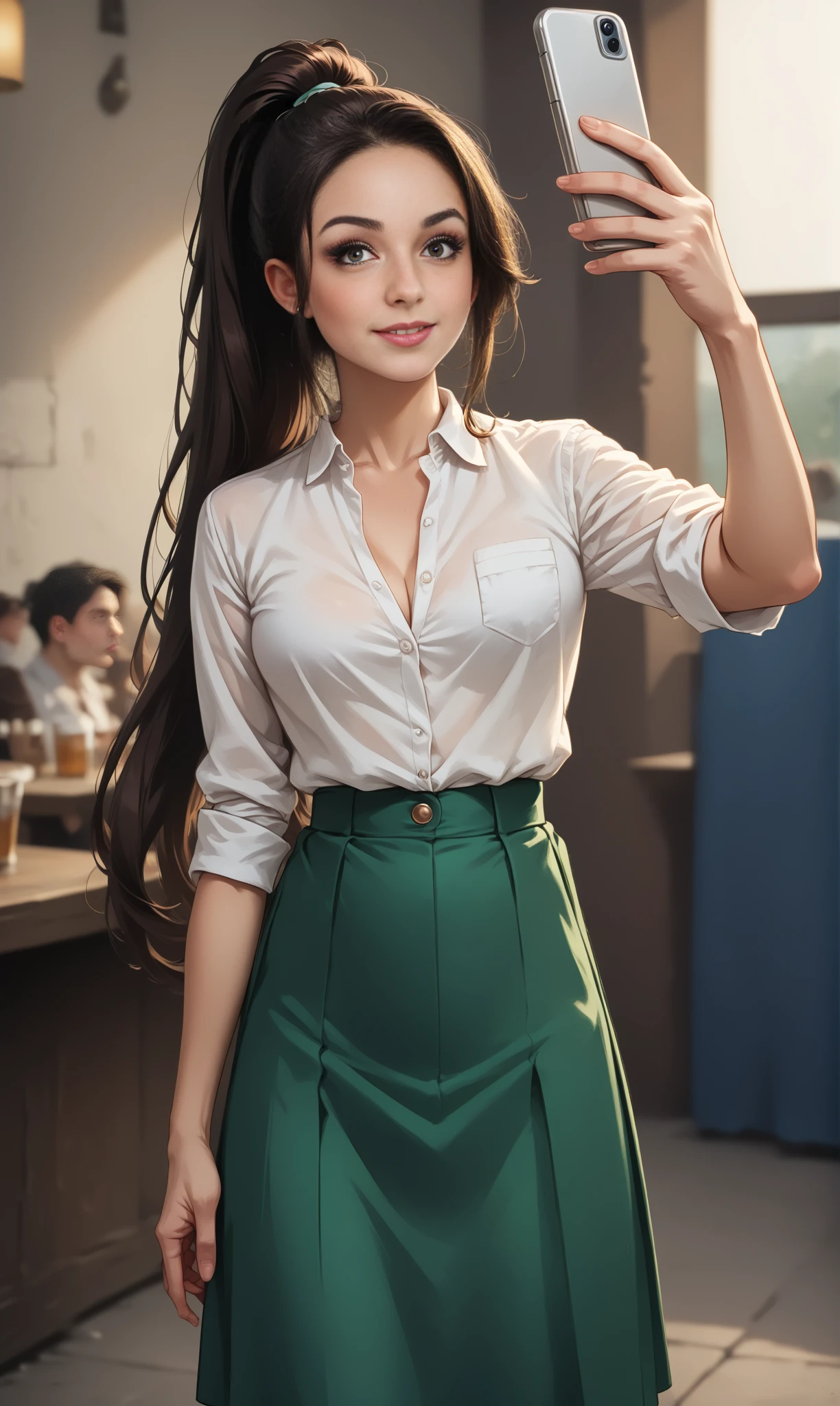 score_9, score_8_up, score_7_up, BREAK, TkSelf, (slim female) standing in pub and taking a selfie. The female wears green skirt and white blouse,  long brunette ponytail   <lora:TakeSelfiePony:1>